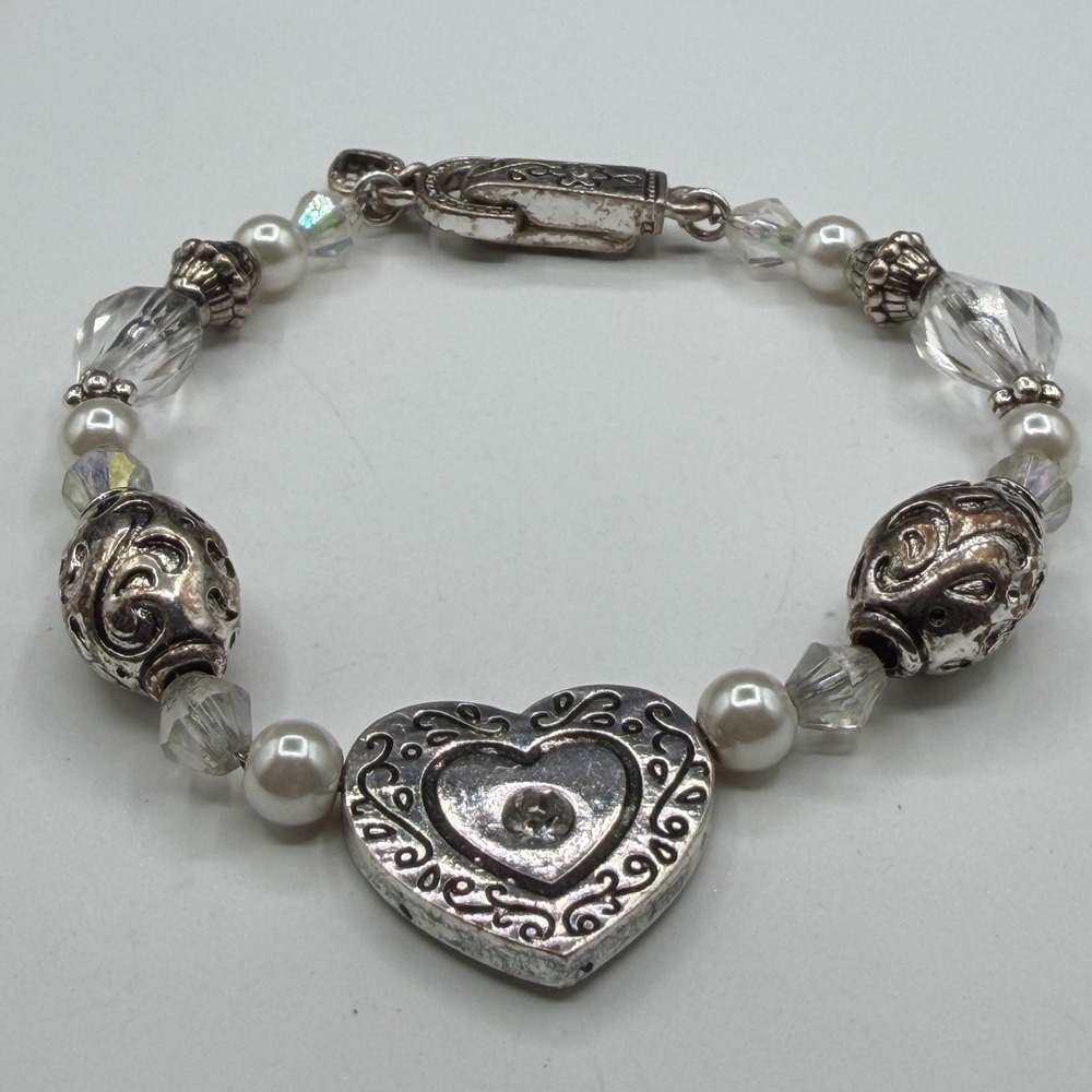 Granddaughter Heart Charm Bracelet Silver Tone Pearl Crystal Beaded Box Clasp